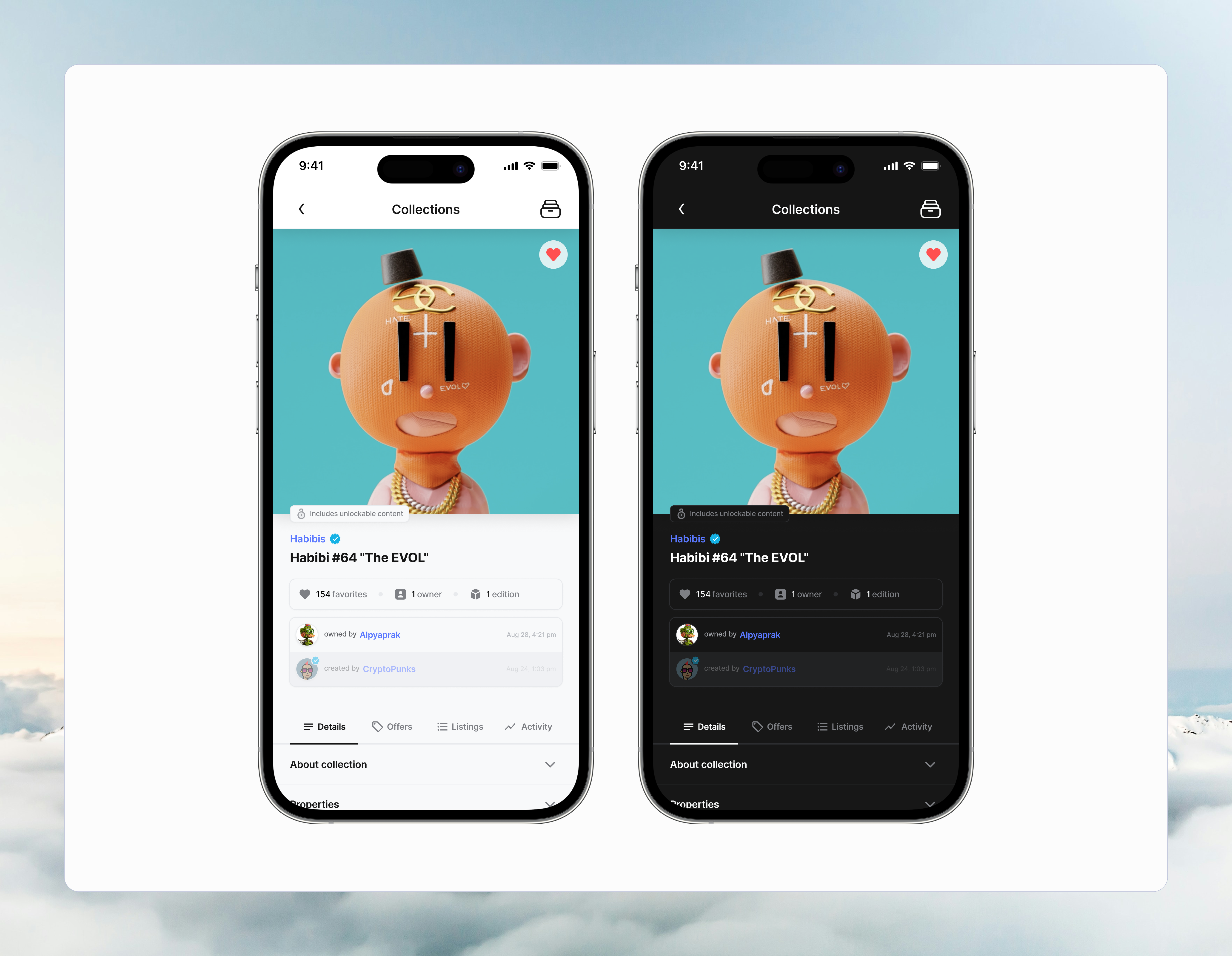 NFT marketplace collection detail in light and dark mode