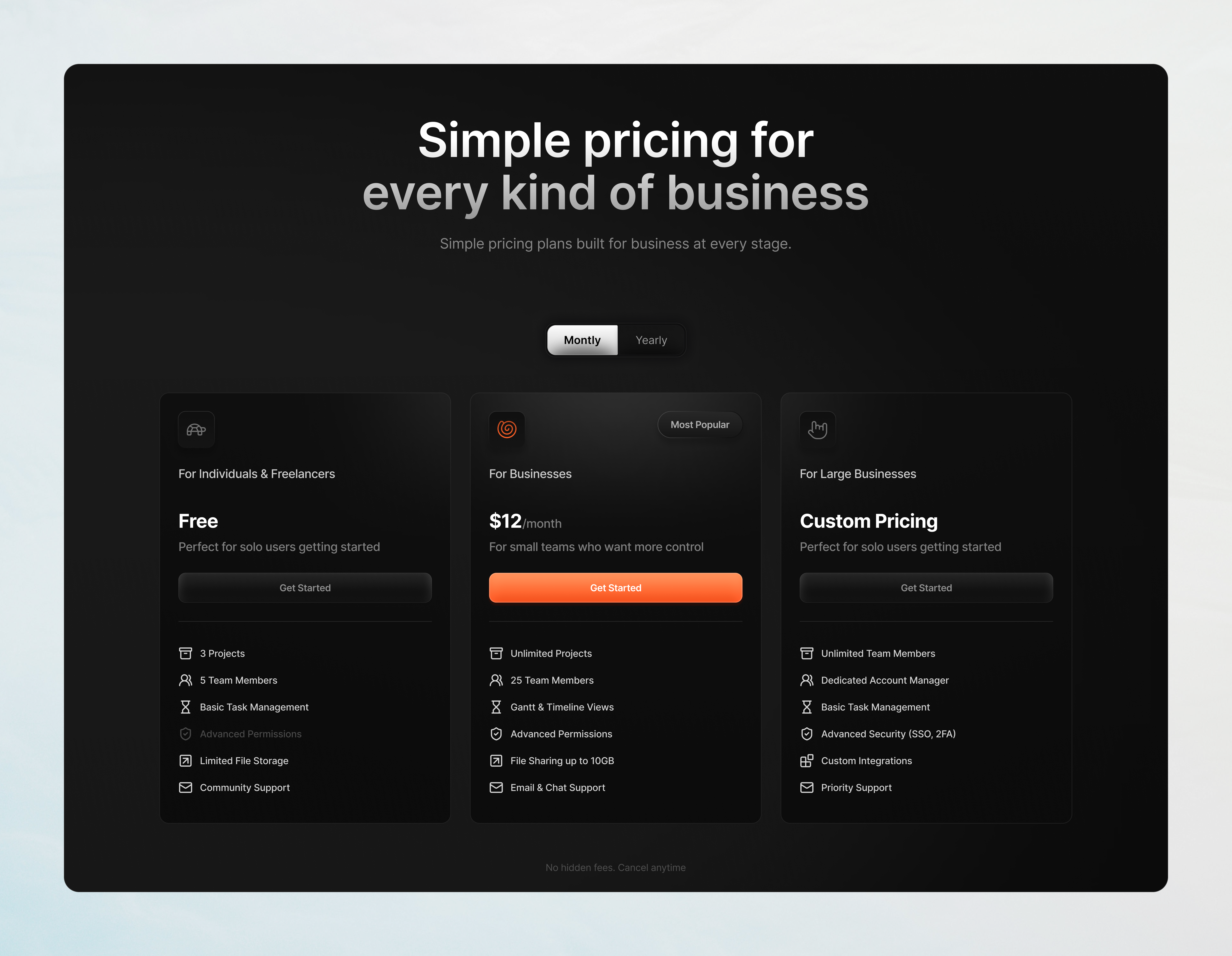 Pricing page with three plan tiers