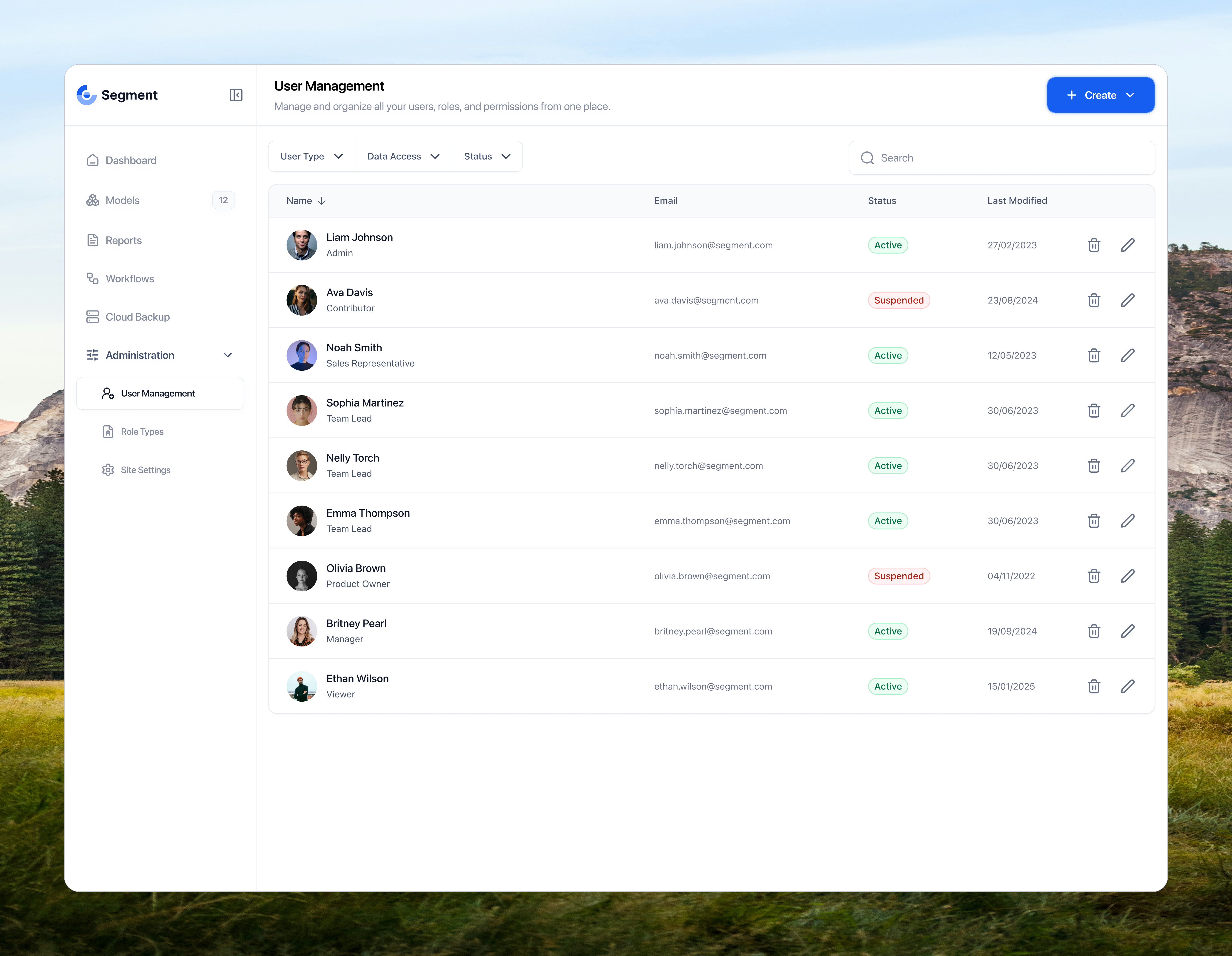Segment user management dashboard with a members table