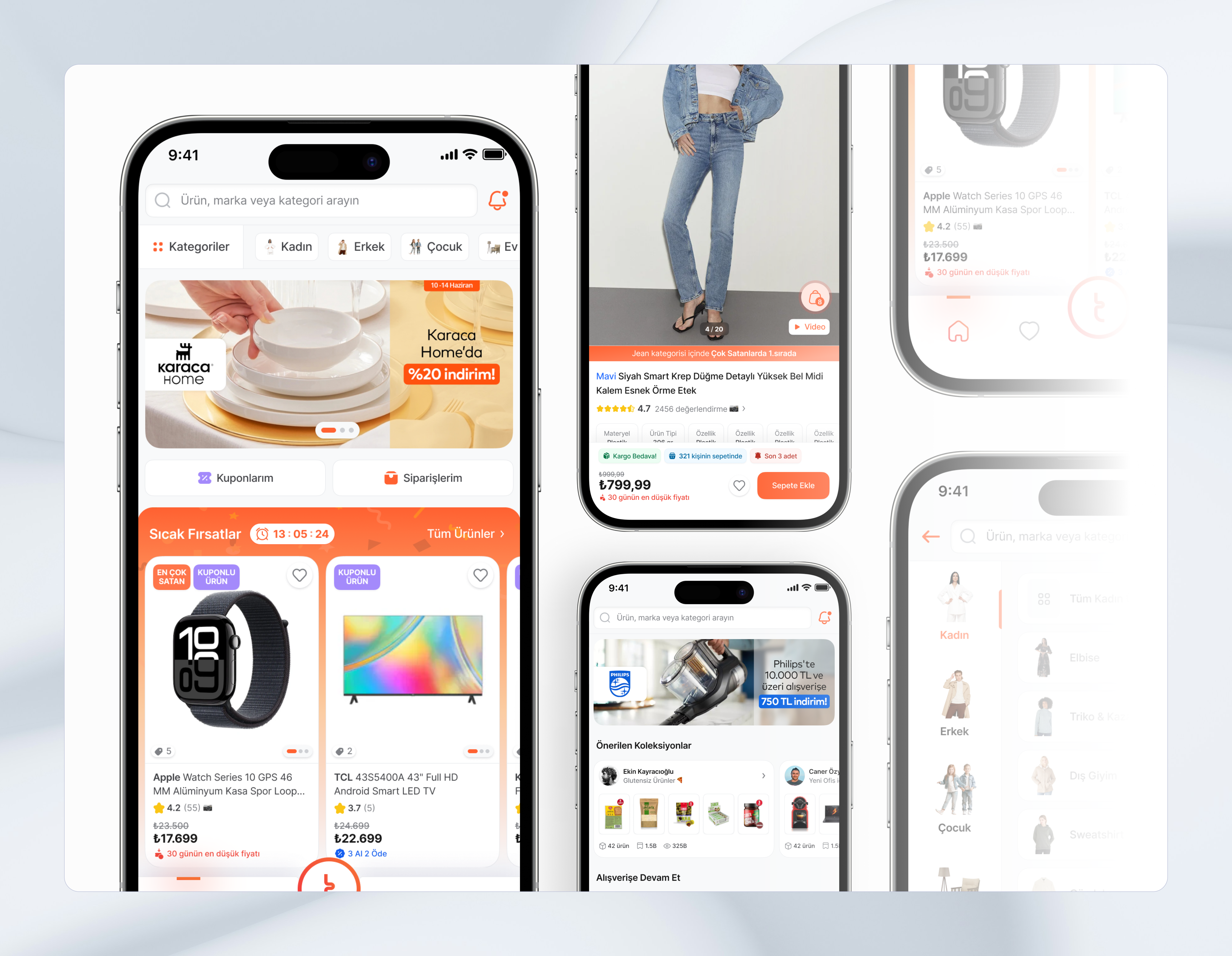 E-commerce shopping app home, product detail and category screens