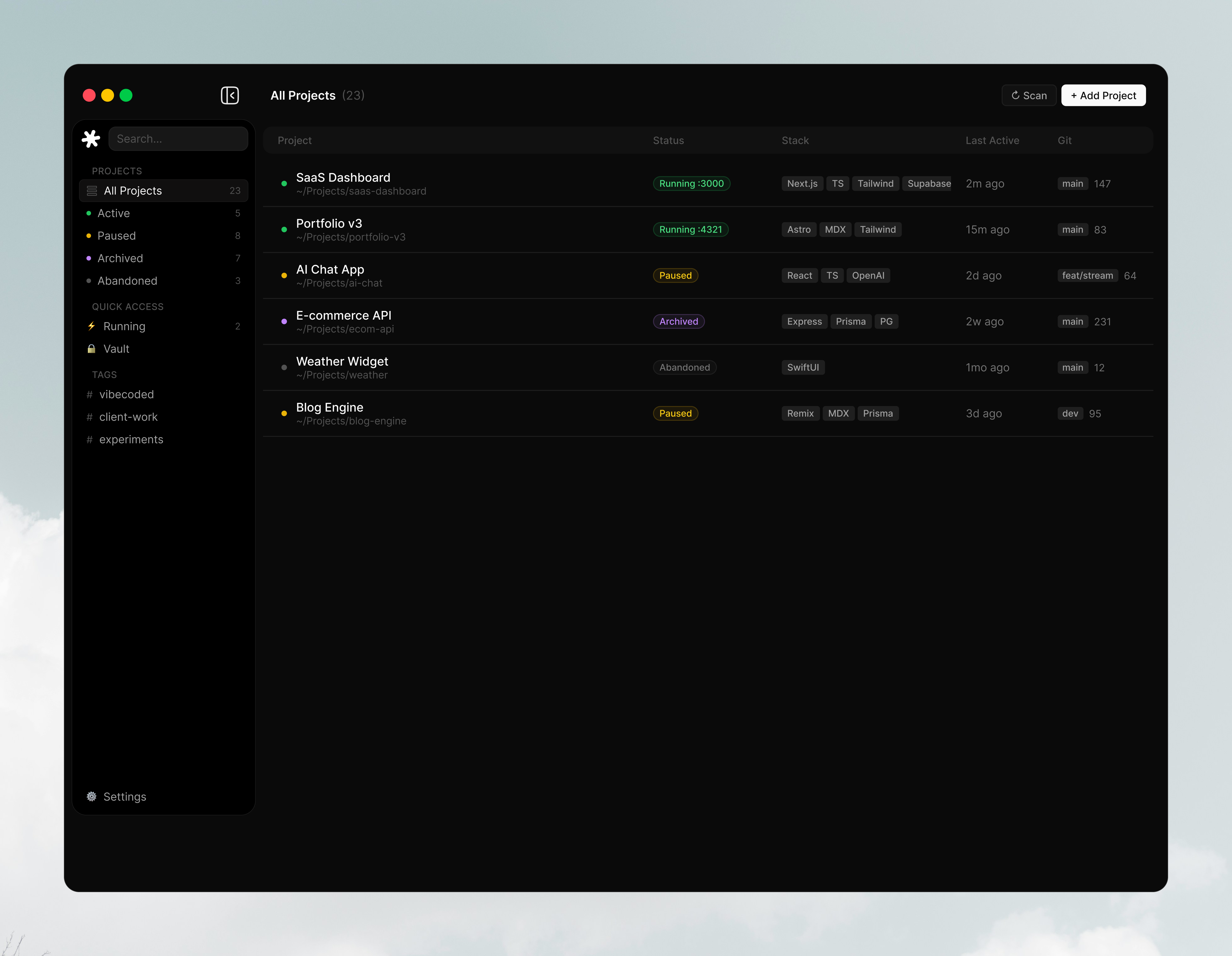 Vibehaus macOS app, all projects list view