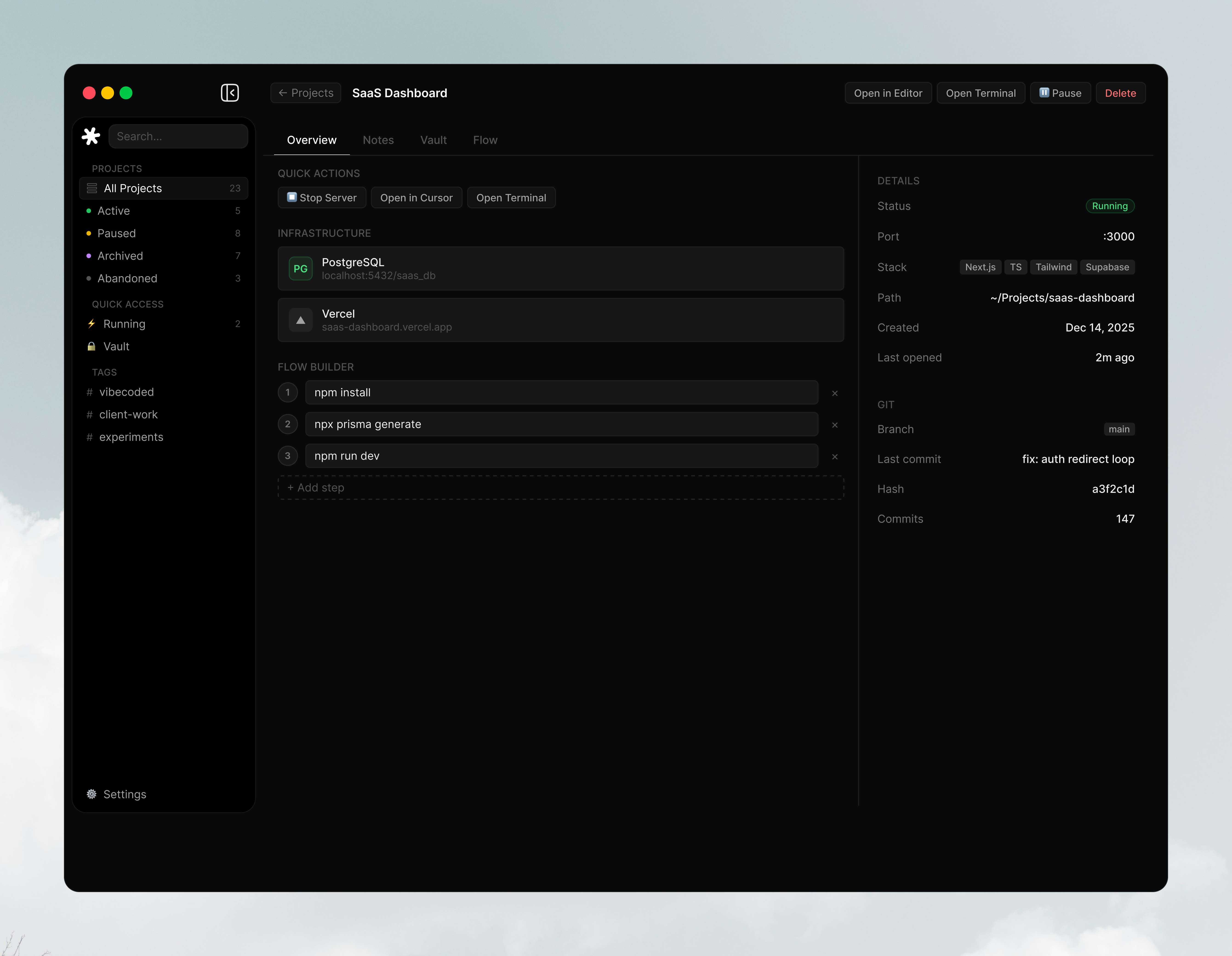 Vibehaus macOS app, project detail and flow builder