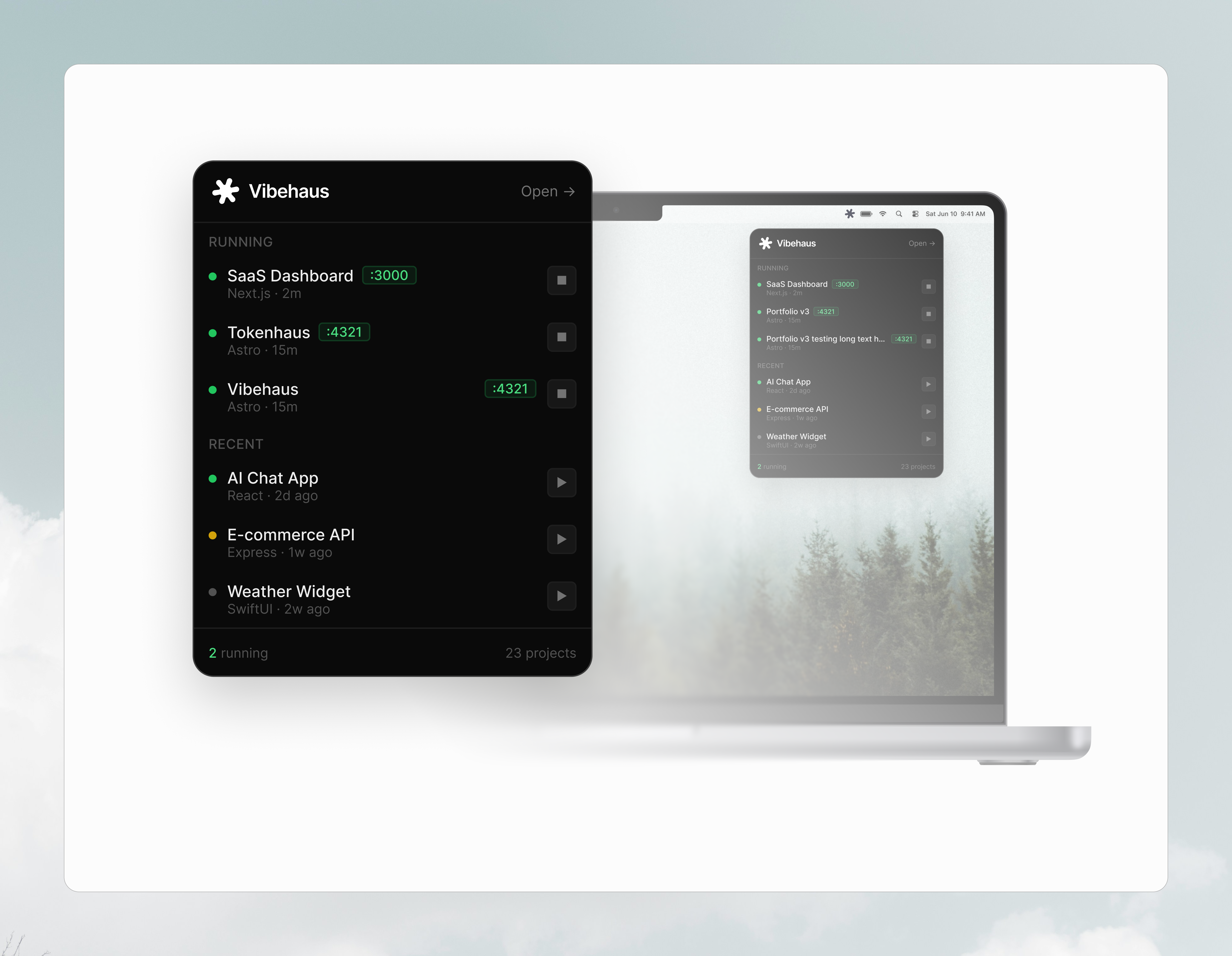 Vibehaus macOS app, menu bar popover and desktop